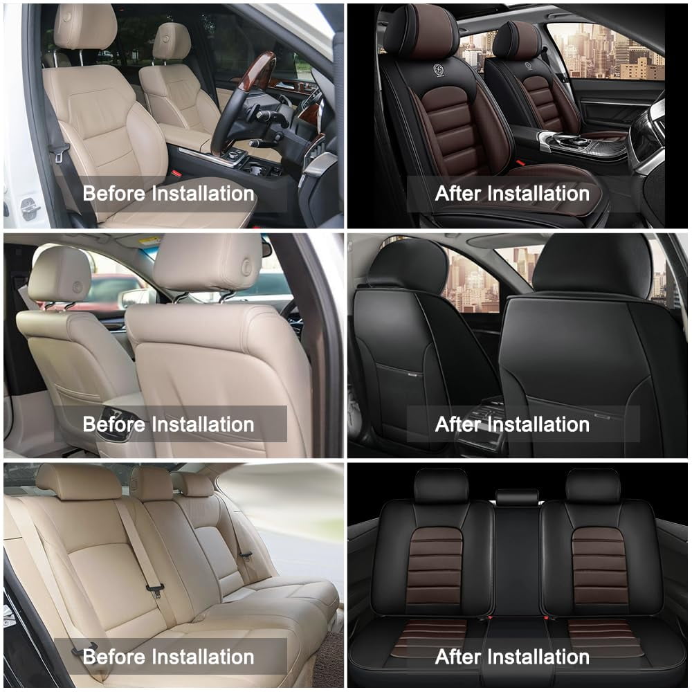AFUNTIO Leather 5 Seat Covers for Honda 99% Models,Car Seat Cushions Full Set,Waterproof Car Sit Protectors,Nonslip Interior Accessories(Black and Coffee)