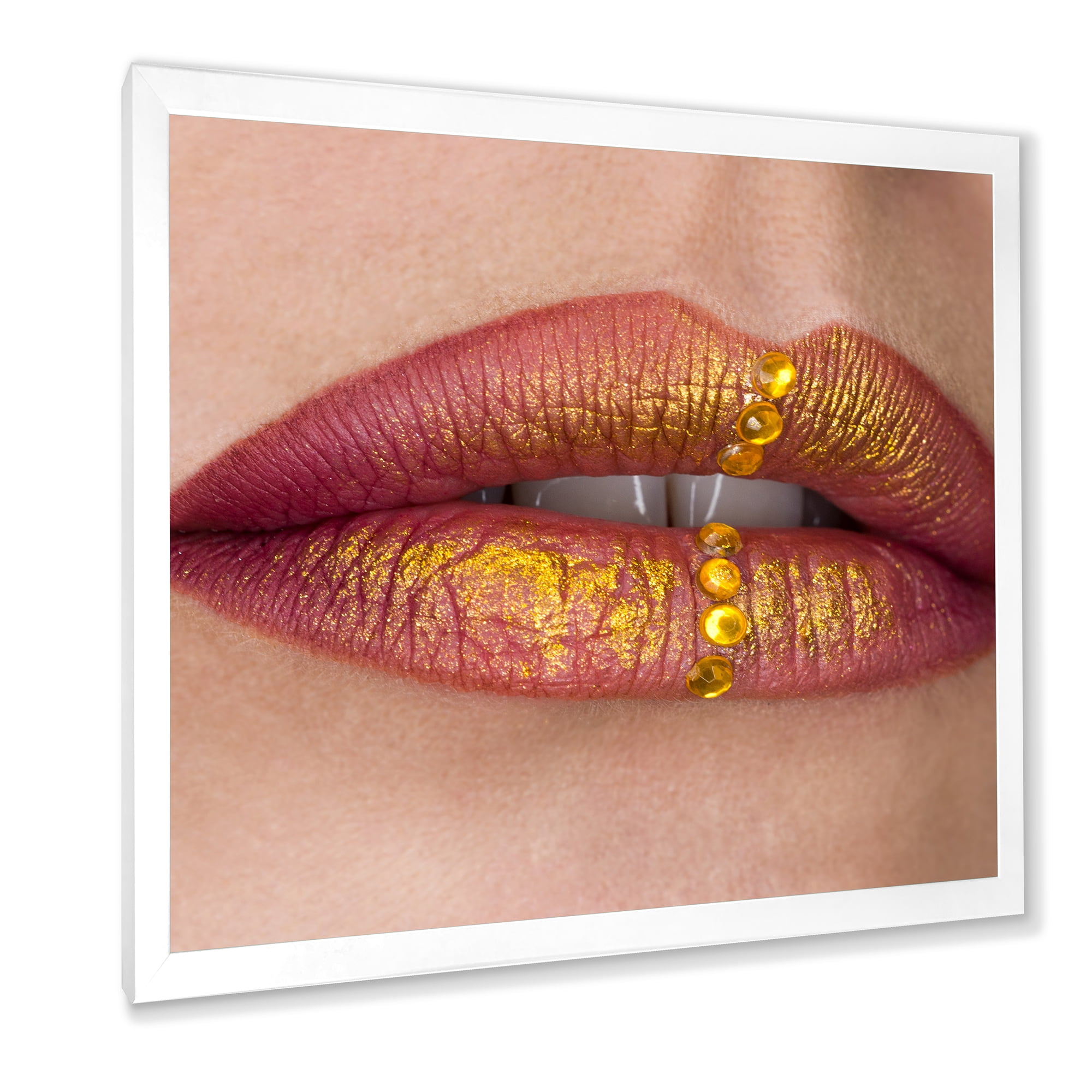Designart 'Woman Lips Close-Up With Red Lipstick, Gold Paint' Modern Framed Art Print