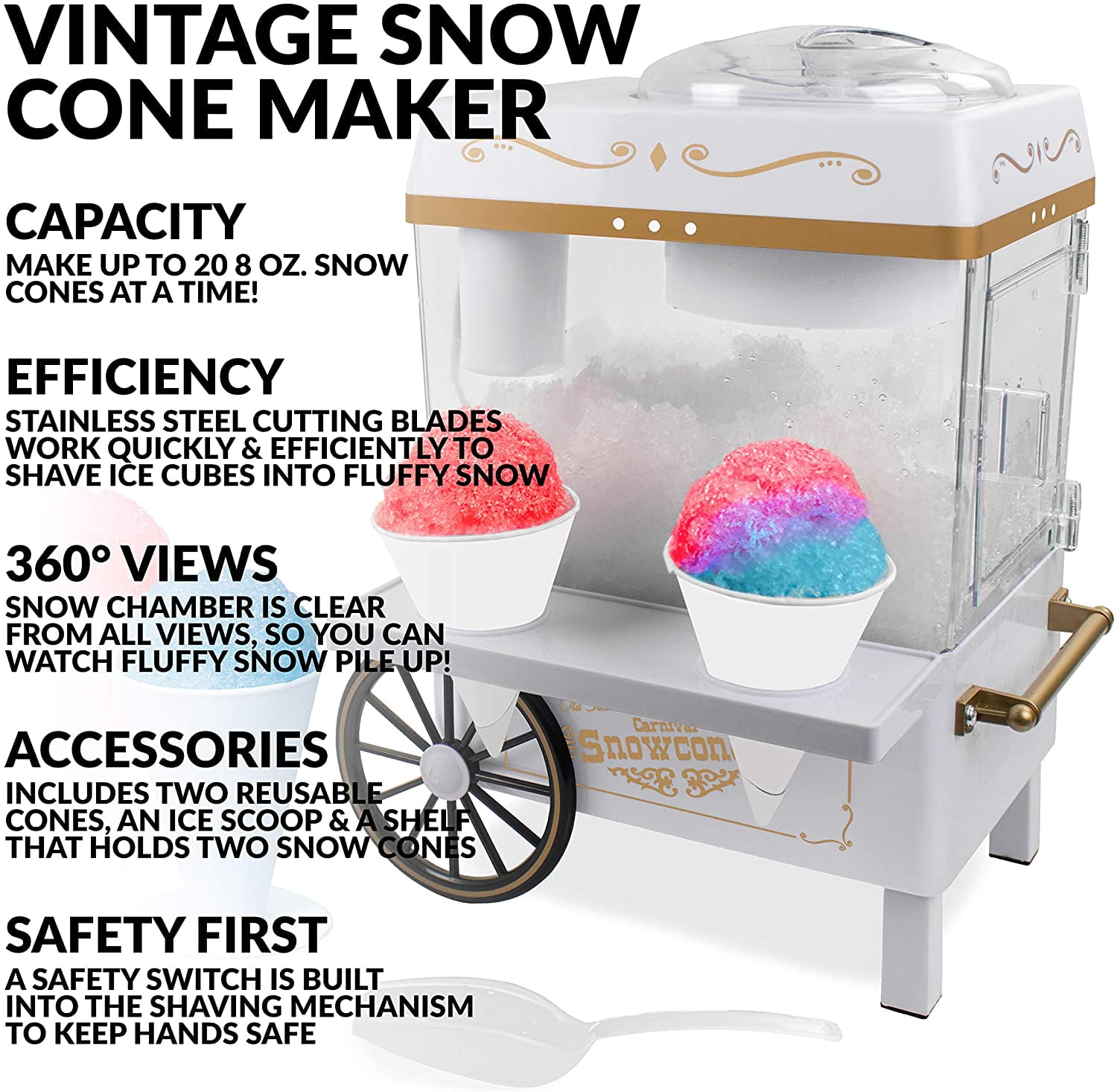 Nostalgia SCM525WH Vintage Countertop Snow Cone Maker Makes 20 Icy Treats, Includes 2 Reusable Plastic Cups & Ice Scoop – Ice White, 8 Oz