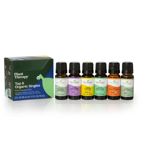 Plant Therapy Top 6 Organic Essential Oil Set - Lavender, Peppermint, Eucalyptus, Lemon, Tea Tree 100% Pure, USDA Organic, Natural Aromatherapy, Therapeutic Grade 10 mL (1/3 oz)