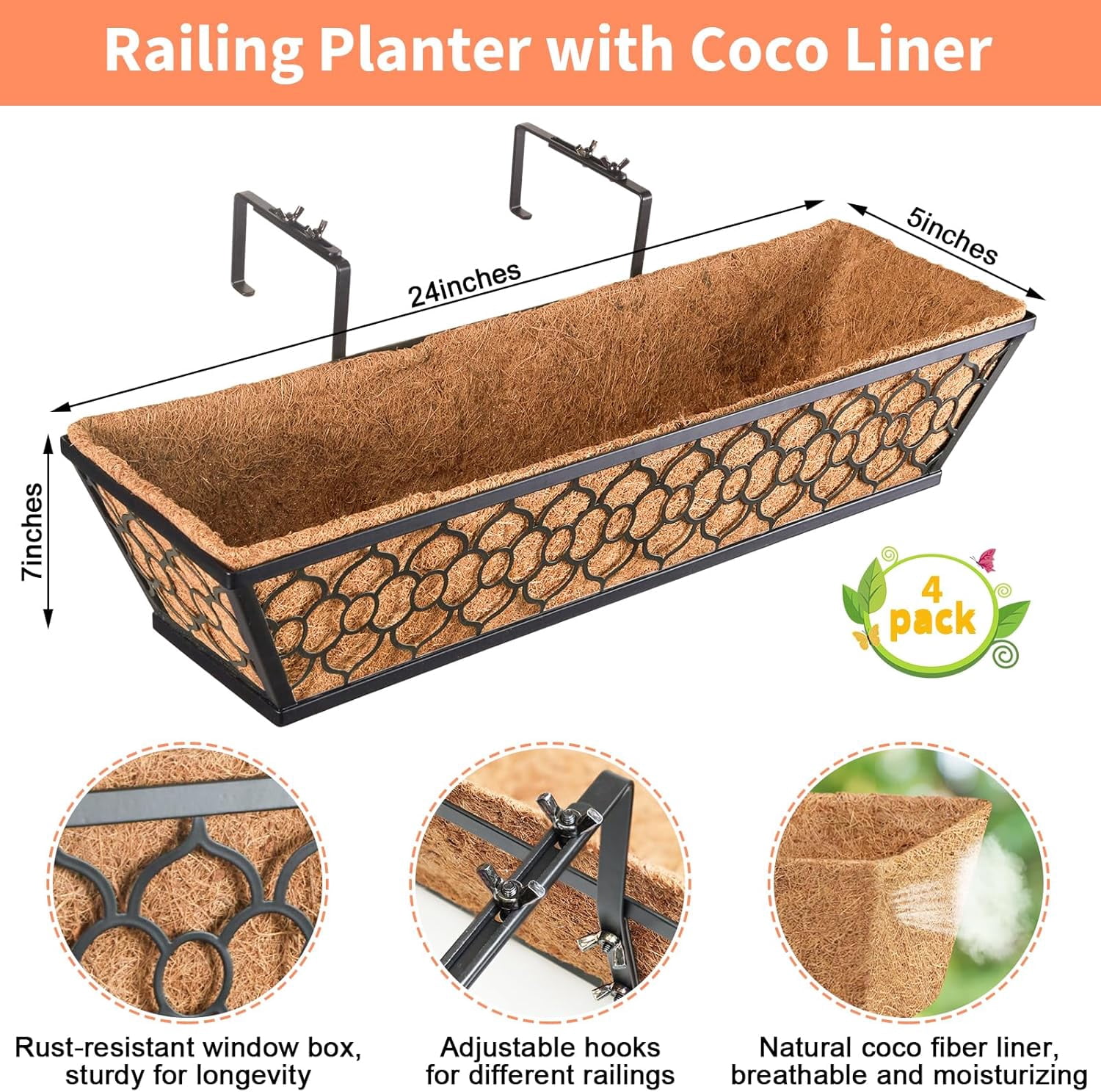 4 Pack 24 Inch Window Boxes Planters with Coco Liner, Metal Deck Railing Planter Boxes, Balcony Planters Railing Hanging, Horse Trough Window Flower Planter Boxes for Outdoor Porch Fence Patio