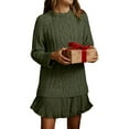 thumbnail image 2 of Women Cable Knit Sweater Dress Crewneck Long Sleeve Pleated Mini Dress Twofer Style Patchwork Dress Green S, 2 of 7