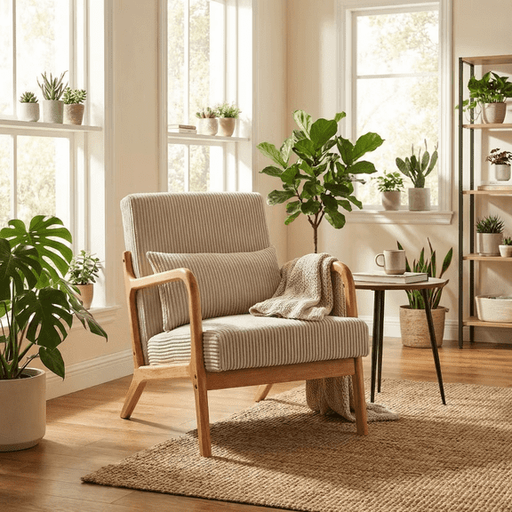 FurnitureR Mid-Century Modern Accent Chair with Lumbar Pillow, Upholstered Corduroy Armchair with Solid Rubberwood Frame, Reading Chair for Living Room, Bedroom & Small Spaces, Beige