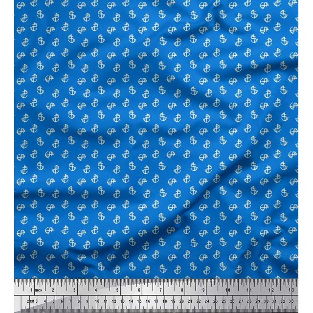 Soimoi Polyester Crepe Fabric Anchor Hook Nautical Printed Craft Fabric by The Yard 52 Inch Wide