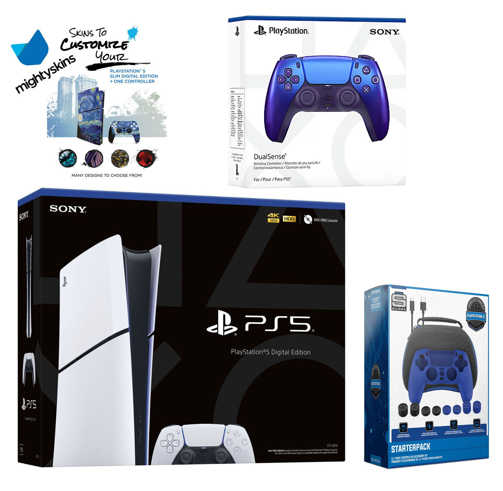 Sony Playstation 5 Slim Digital with Extra Chroma Indigo Controller, Gamer Starter Kit and MightySkins Decal Voucher Plus 2 Year CPS Extended Warranty