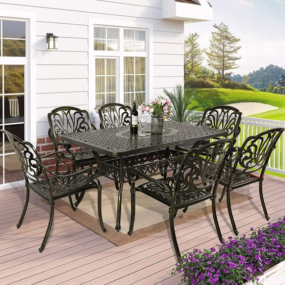 W WARMHOL 7-Piece Outdoor Patio Dining Set, 60ā Rectangular Cast Aluminum Dining Table with Umbrella Hole and 6 Outdoor Dining Chairs, Patio Funiture Set for Backyard, Patio, Garden