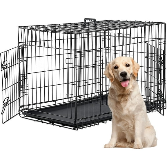 XF XINFENG 48 inch Folding Dog Crate Metal Dog Cage Kennel with Double-Door and Tray, Black