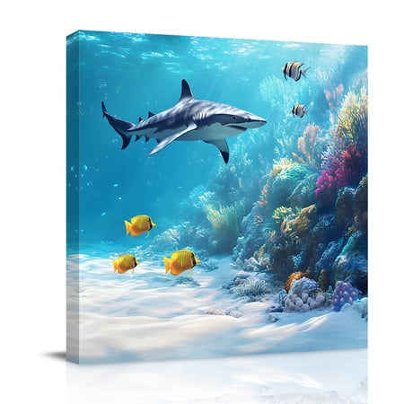 Canvas Wall Art Shark Coastal Framed Canvas Prints for Living Room Bathroom Summer Beach Coral Ocean Nautical Gallery Wrapped Wall Decor for Home Office Gifts 12 x12 Ship Next Day