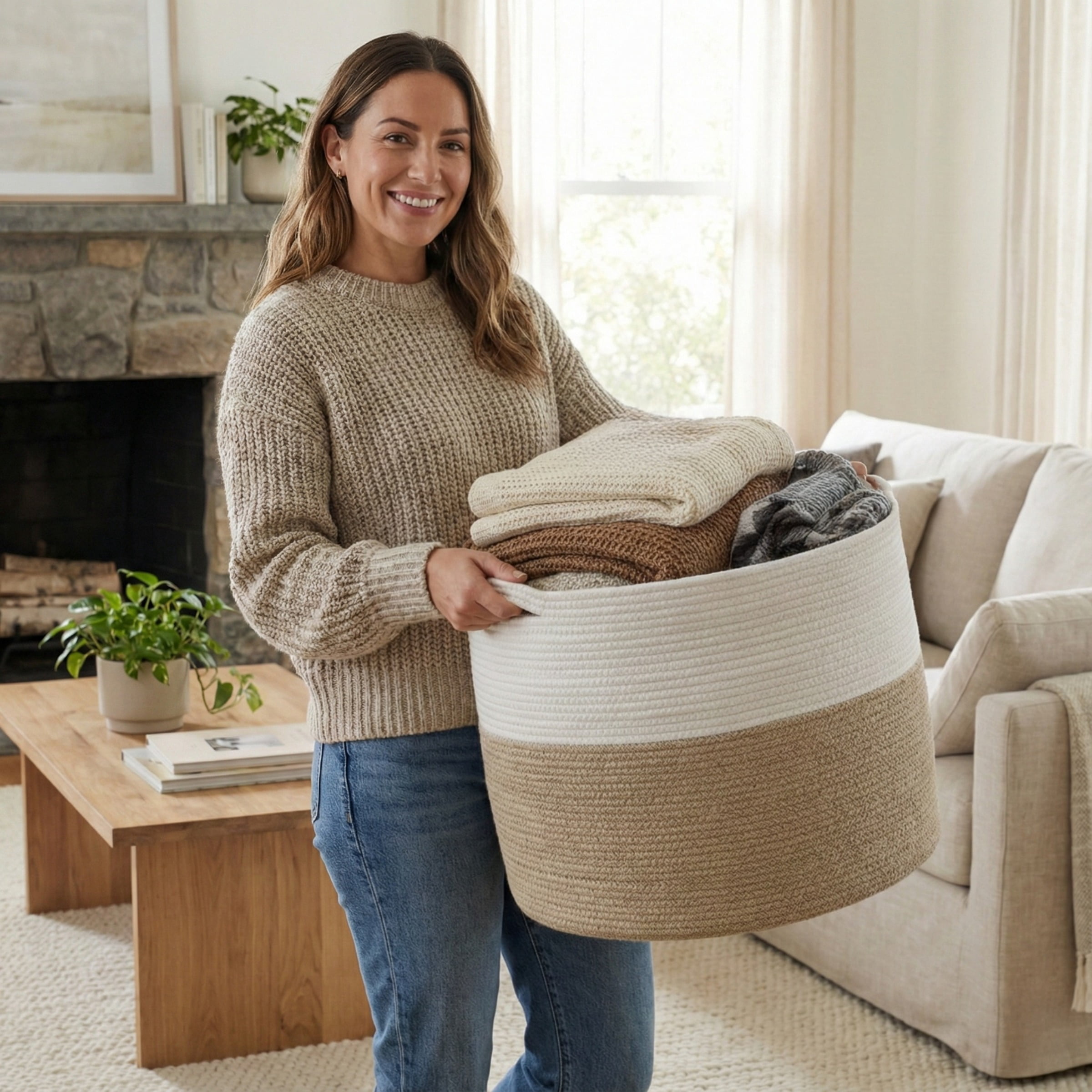 Home-Complete Extra-Large Rope Basket for Laundry, Blankets, and Toys, Natural