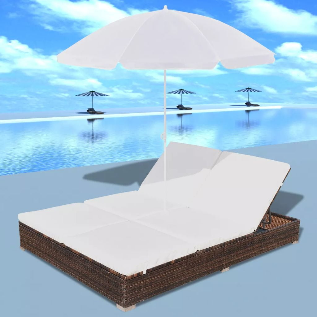 Kepooman Outdoor Poly 2-Seat Adjustable Rattan Lounge Bed with Parasol for Patio Beach, Brown Kepooman Outdoor Poly 2-Seat Adjustable Rattan Lounge Bed with Parasol for Patio Beach, Brown
