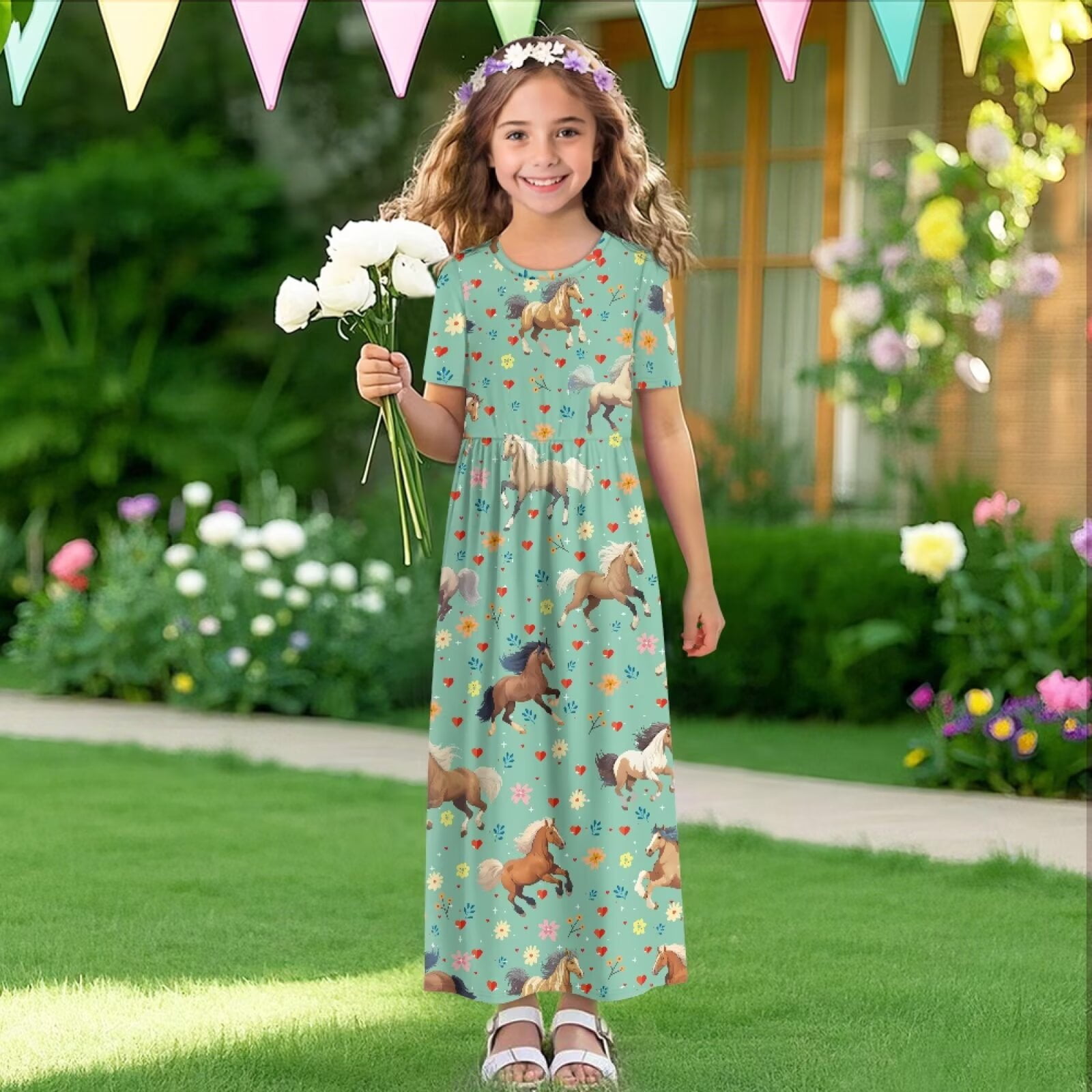 Uourmeti Tween Girls Maxi Dress Short Sleeve Round Neck Casual Flowy Horse Print Summer Long Dress for Girls Big Kids, Size 9-10 Years
