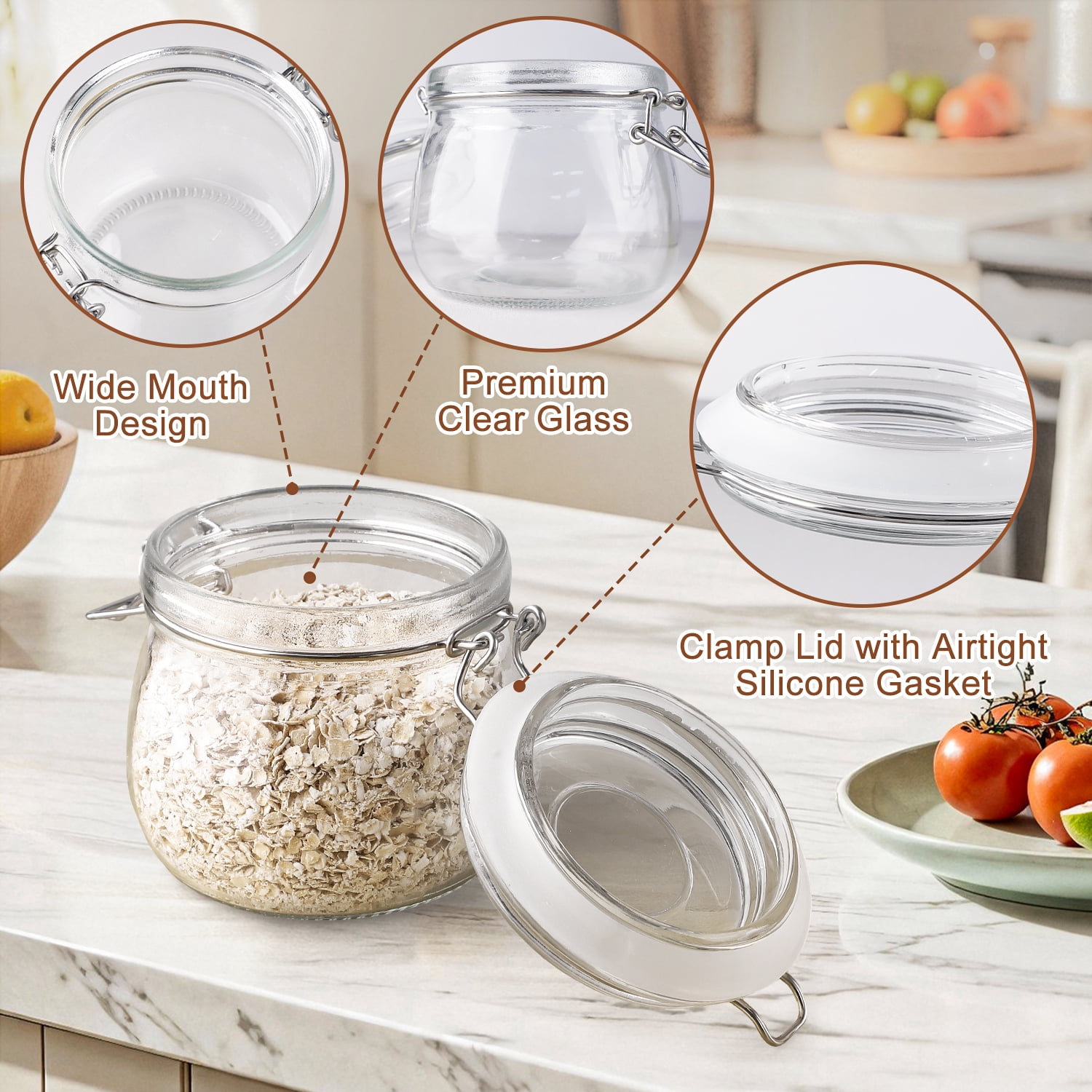 FOUKUS Glass Jars with Airtight Lid 6 Pack: 17oz Food Storage Containers with Lids, Clear Round Canisters, Spice Jars with Clamp for Sugar, Coffee, Pasta, Beans, Cereal, Pantry Organization