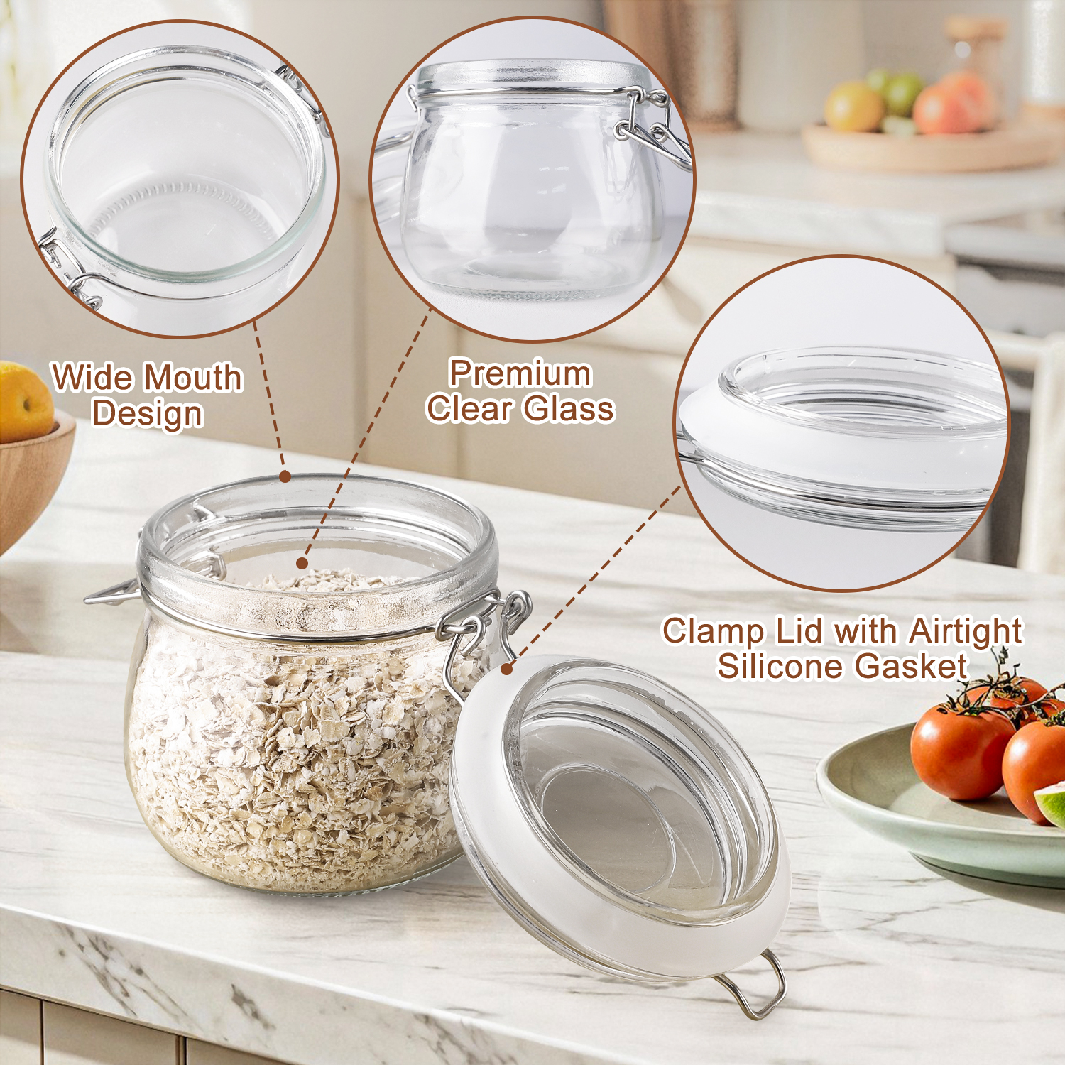 Foukus Glass Jars with Airtight Lids, 6-Pack, 17 oz photo 4