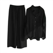 BLVB Women's Cotton Linen 2 Piece Outfits Casual Long Sleeve Button Down Shirt and Wide Leg Pants Lounge Sets Tracksuit