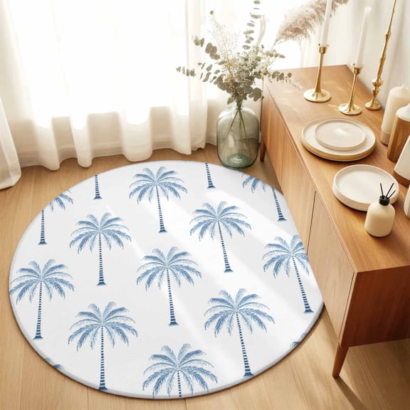 Round Rugs 6Ft, Blue Palm Trees Round Area Rug Washable Indoor Throw Carpet, Tropical Summer Beach Botanical Soft Non Slip Circle Rug for Office Cabinet Home Decor Aesthetic