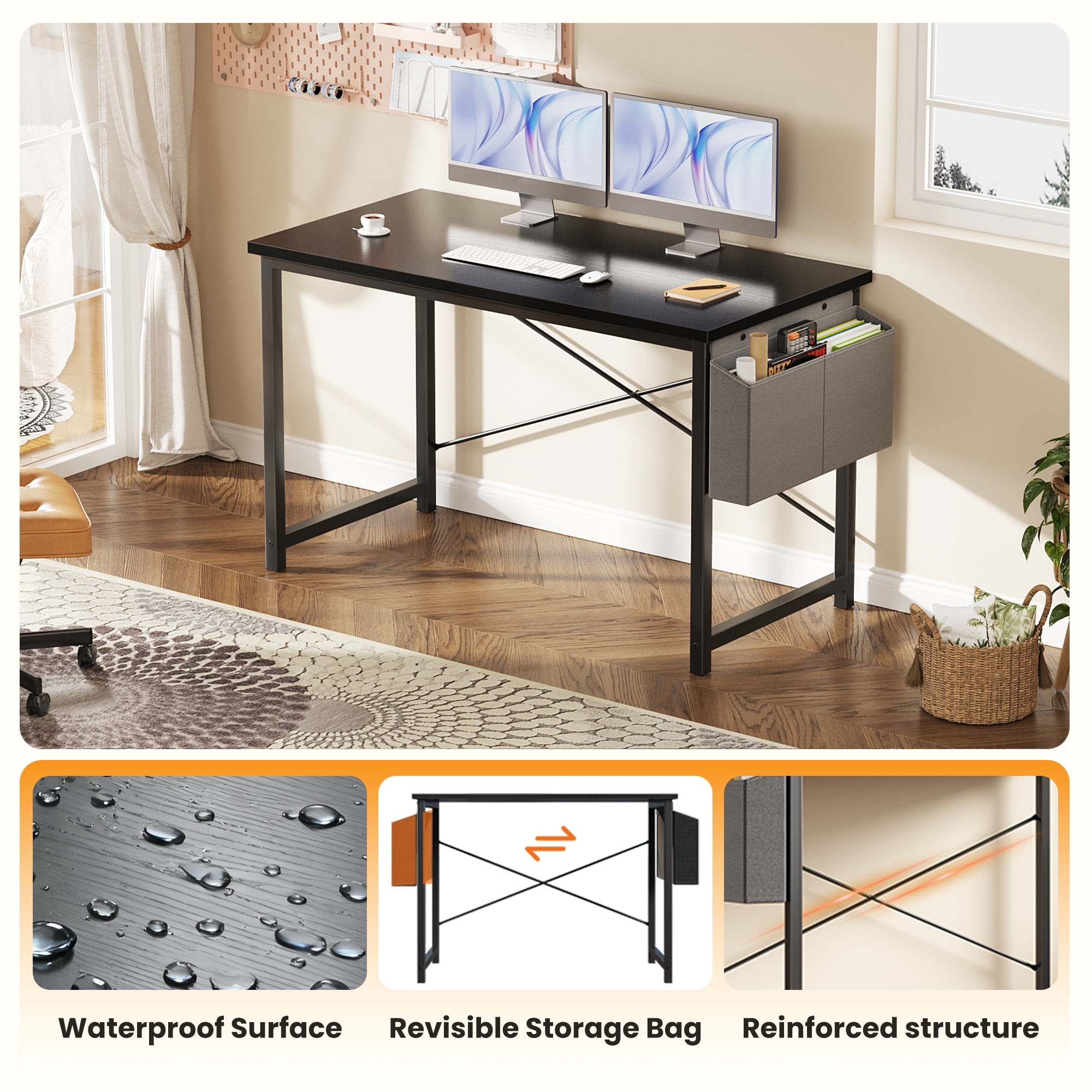 EDX 47" Computer Desk with Metal Frame, Scratch-Resistant Surface & Side Storage Bag – Modern Office Desk, Black