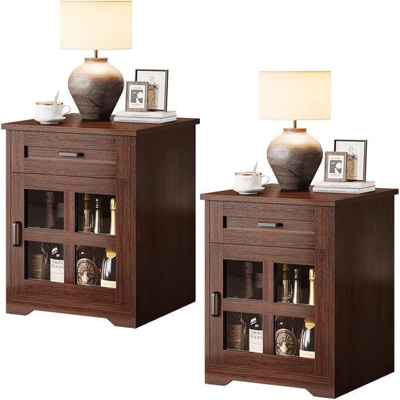 Farmhouse End Table Set of 2, 18" Side Table with Drawer and Barn Door Storage, Wood Sofa Side Bedside Table for Living Room, Bedroom, Espresso