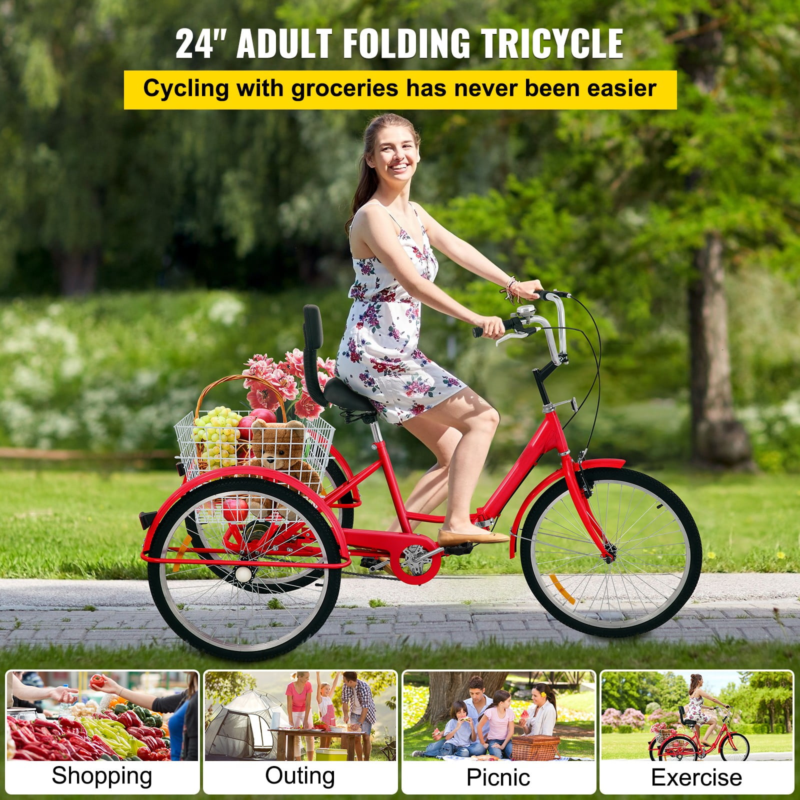 BENTISM Tricycle Adult 24'' Wheels Adult Tricycle 7-Speed 3 Wheel Bikes For Adults