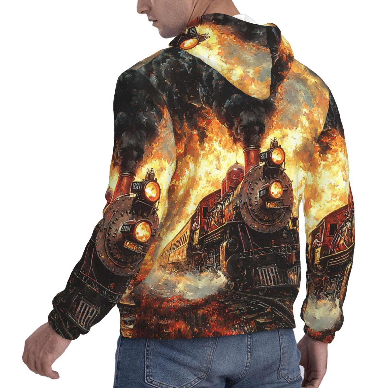 Men's Hoodie Pullover Casual Hooded Sweatshirt 3D, Retro Steam Train Vintage