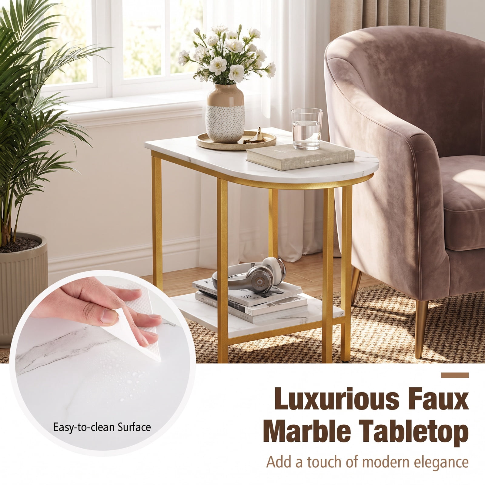 Furnibear C Shaped Modern Sofa Side Table Set of 2 with Faux Marble Tabletop and Two Tier Storage Shelf for Living Room and Bedroom, White