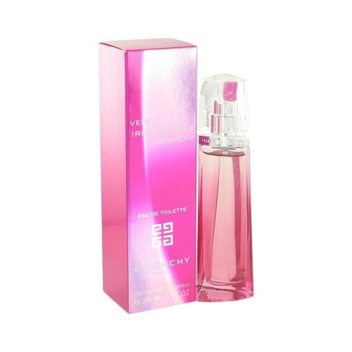 perfume givenchy very irresistible eau de toilette 30 ml para mujer — botella alta de vidrio rosado con tapón transparente junto a su caja metálica rosada brillante sobre fondo blanco; fragancia floral con variaciones de rosa, anís fresco y hierba luisa, también adecuada para uso diario.