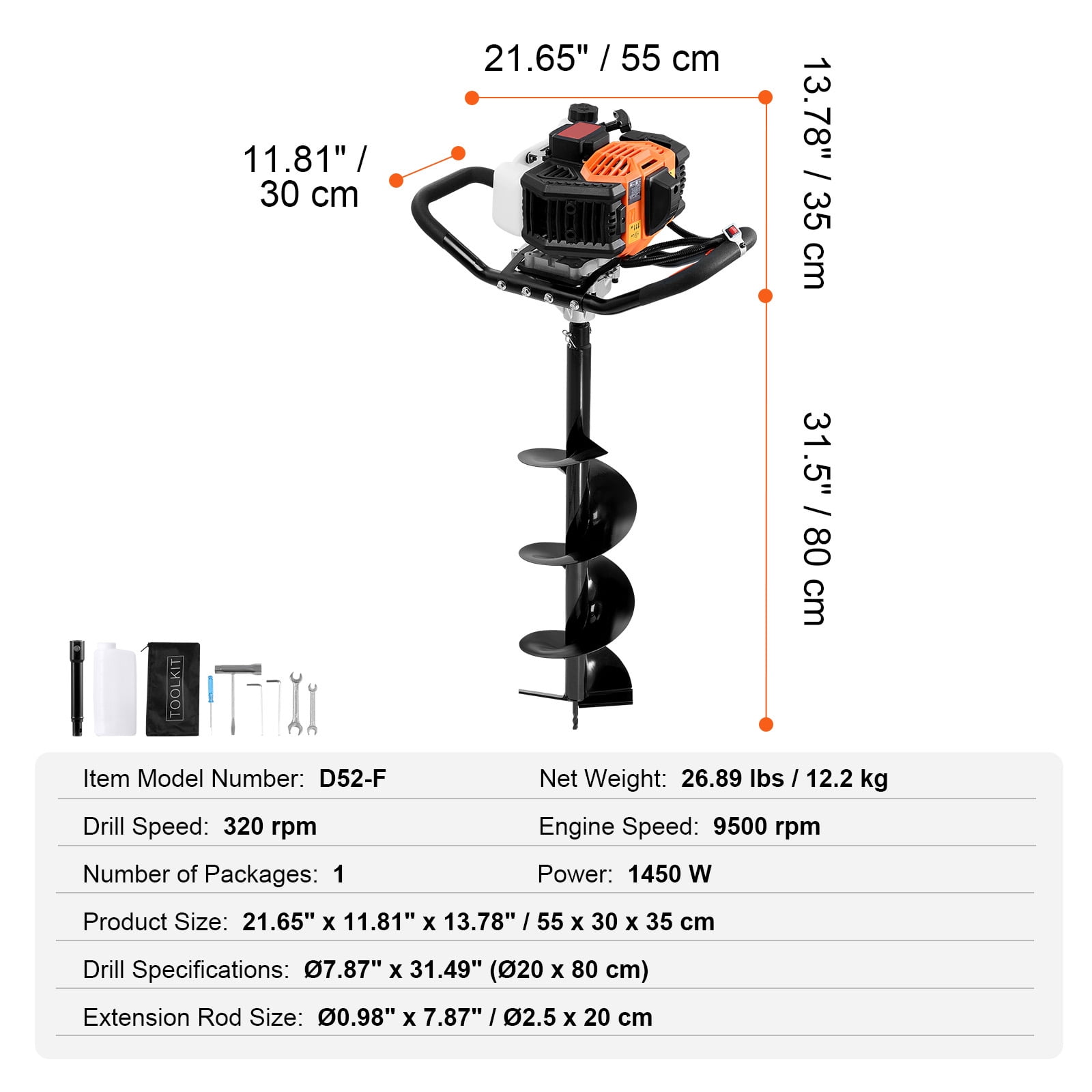 KFFKFF Gas Post Hole Digger, 52CC 1450W Earth Auger with 8” Drill Bits and Extension Rod, Ideal for Garden, Farmland, and Fence Installation, Orange and Black