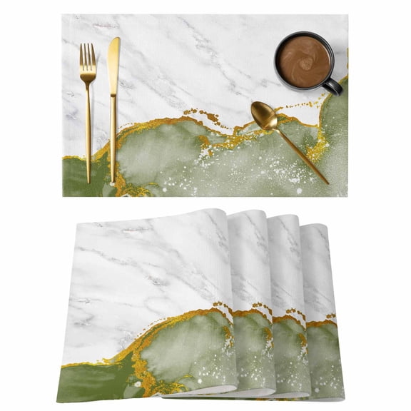 Green Gold Marble Placemats Set of 4, Modern Abstract Marble Crack Texture Placemats for Dining Table, Place Mats for Kitchen Tabletop, Waterproof Wipeable Dining Table Mats Set