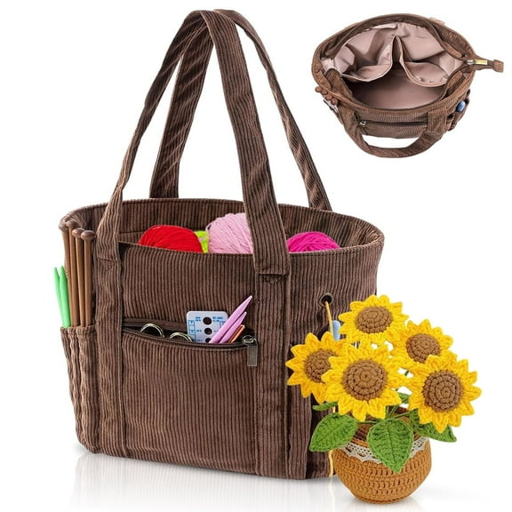 Crochet Tote Bag Corduroy Yarn Bag Holder for Crocheting Crochet Storage Bag for Crochet Hooks Crochet Accessories Knitting Bag for Crochet Lovers Gift Brown