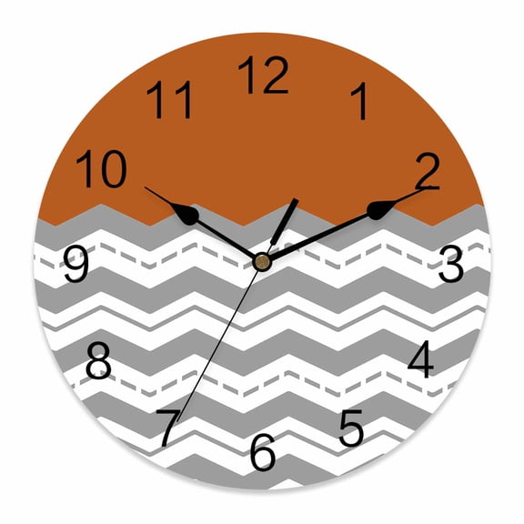 Wall Clock Burnt Orange Grey Waves Clocks PVC Silent Non-Ticking Battery Operated Decorative Chevron Stripe Round Clock for Home Living Room Kitchen Bedroom Office School Wall Decor 14 Inch