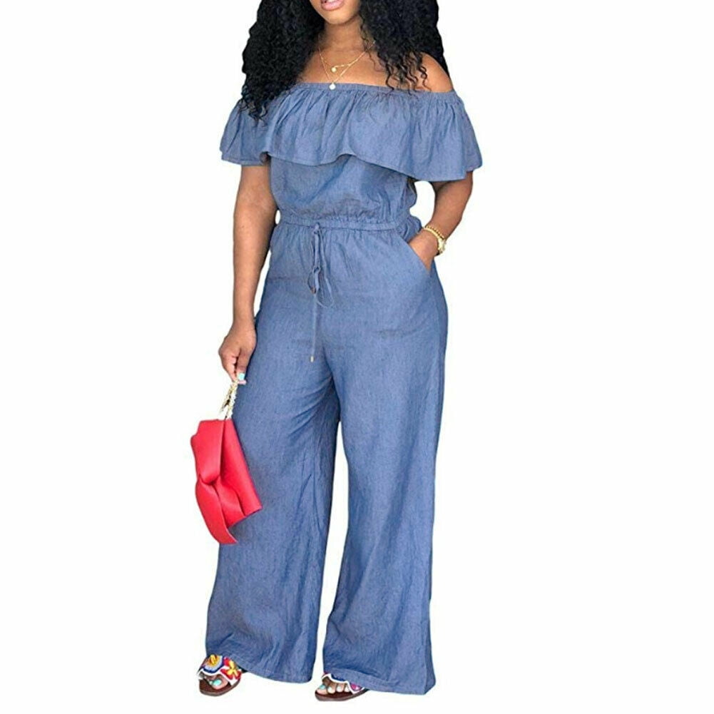SELX Women Floral Print Off The Shoulder Wide Leg Ruffle Jumpsuits Romper