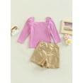 thumbnail image 2 of TSEXIEFOOFU Toddler Kids Girls 2 Pieces Outfits Solid Color Knitted Ribbed Puff Long Sleeve Tops + PU Leather Buttons Shorts Set, 2 of 9