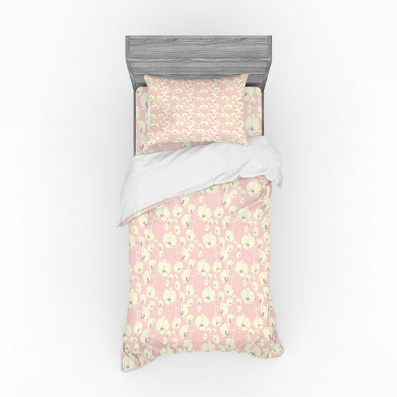 Flower Duvet Cover Set, Blossoming Nature Theme on Pastel Backdrop Hand Drawn Arrangement, Bedding Set with Shams and Fitted Sheet, 3 Sizes, by Ambesonne