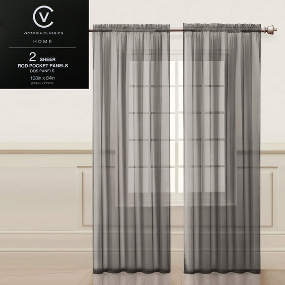 Two (2) Silver Gray Sheer Rod Pocket Window Curtain Panels: 108"W x 84"L, Fully Hemmed