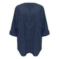 thumbnail image 4 of JINMGG Fall Tops for Women Women's Fashion Solid Color Tops Long Sleeved Loose Cotton and Linen Loose Shirt Blouse V-Neck Casual Tops Navy XXL, 4 of 6