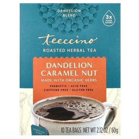 Teeccino Dandelion Caramel Nut Tea - Caffeine Free, Roasted Herbal Tea with Prebiotics, 3x More Herbs than Regular Tea Bags, Gluten Free - 10 Tea Bags