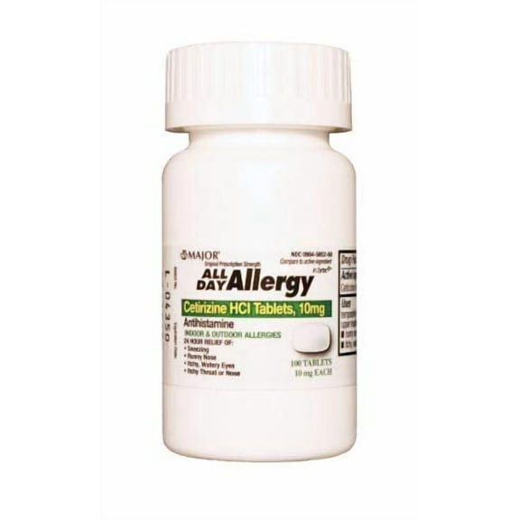 Major Pharmaceuticals 255551 All Day Allergy Cetirizine HCI Tablet, 10 mg, White (Pack of 100)