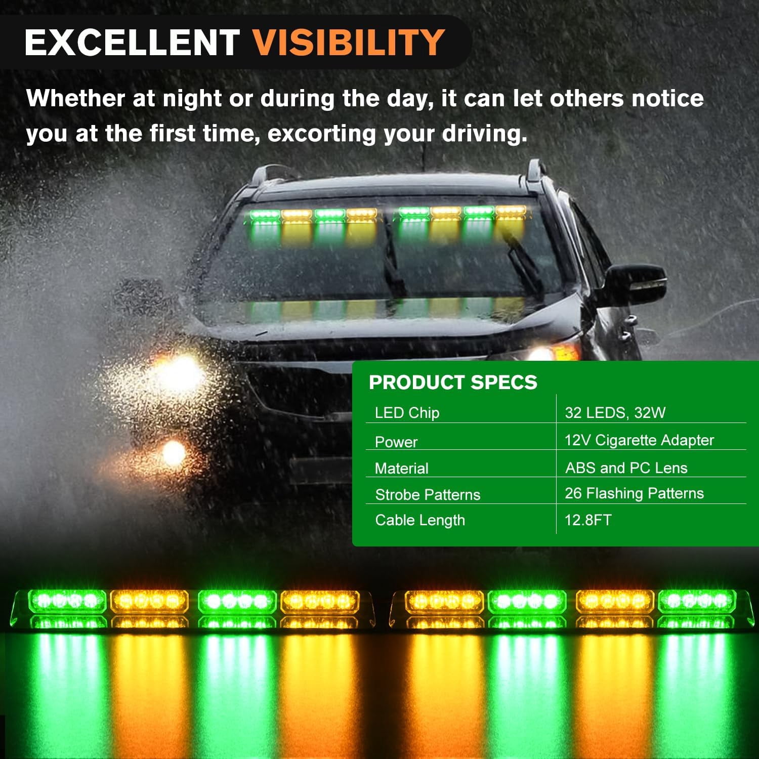 Nilight 32Led Amber Green Emergency Dash Strobe Lights with Flashing Warning Hazard Interior Windshield Visor Traffic Light Bars