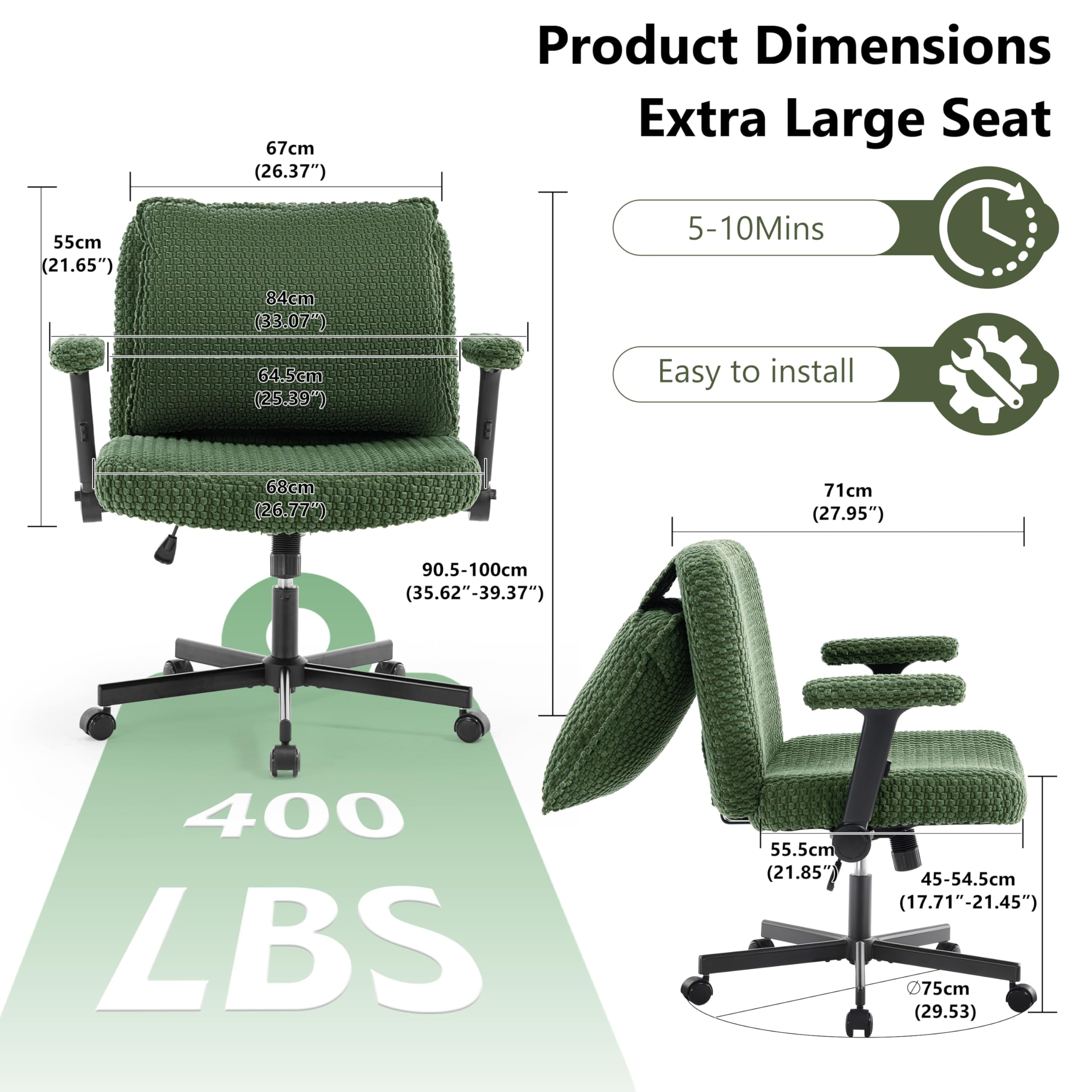 Nexthro Criss Cross Chair,Cross Legged Chair with Wheels and Arms,27" Wide Seat Office Desk Chair with Flipable Back Cushion,Mid Back Beige Swivel Chair for Home Office,Bedroom Vanity(Green)