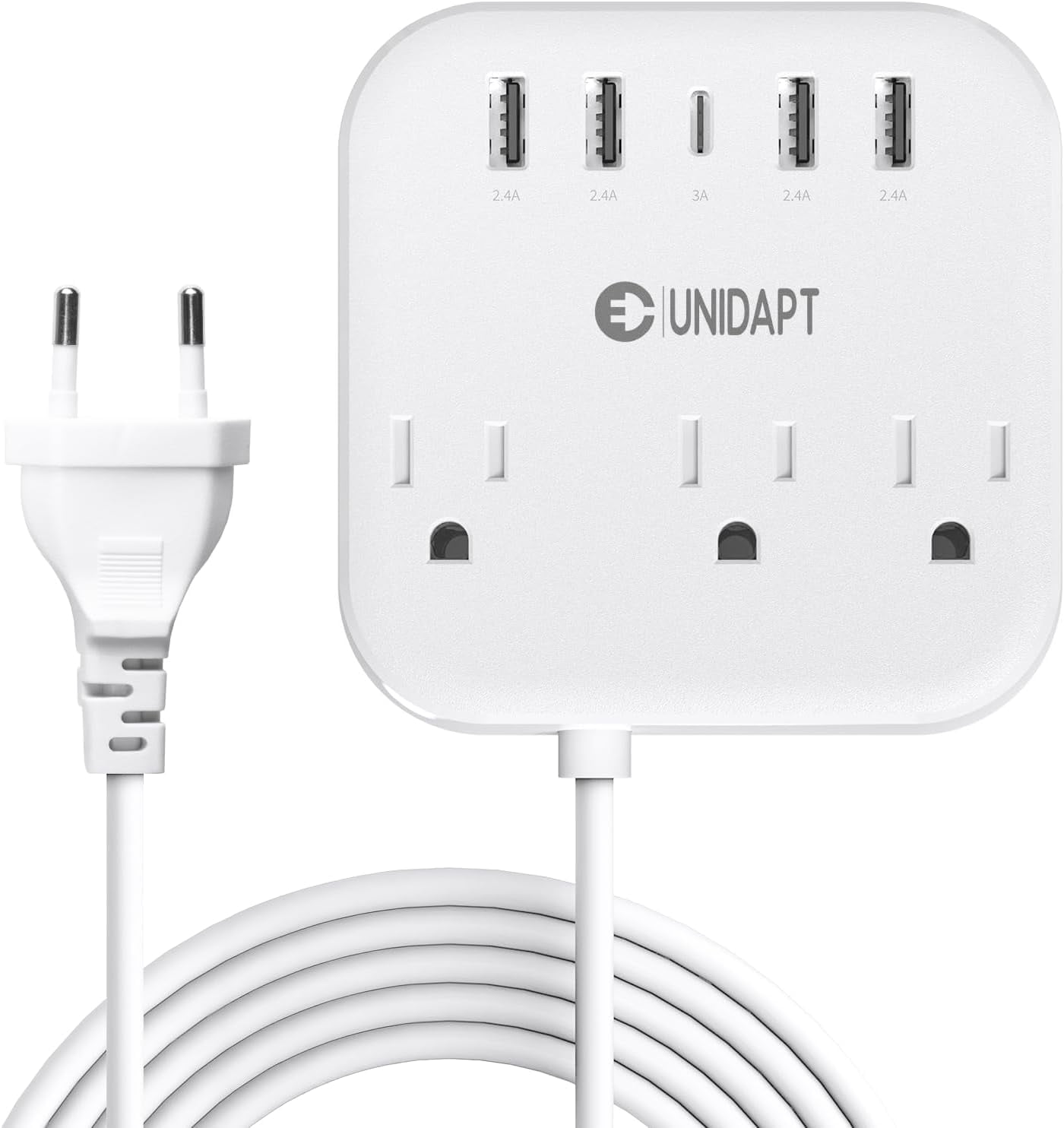 European , US to UK Europe Power Strip for EU/UK/US with USB C and 4 USB Ports, 3 AC Outlets, Wall Mountable, 5ft Extension Cord, for Travel Cruise Ship Home
