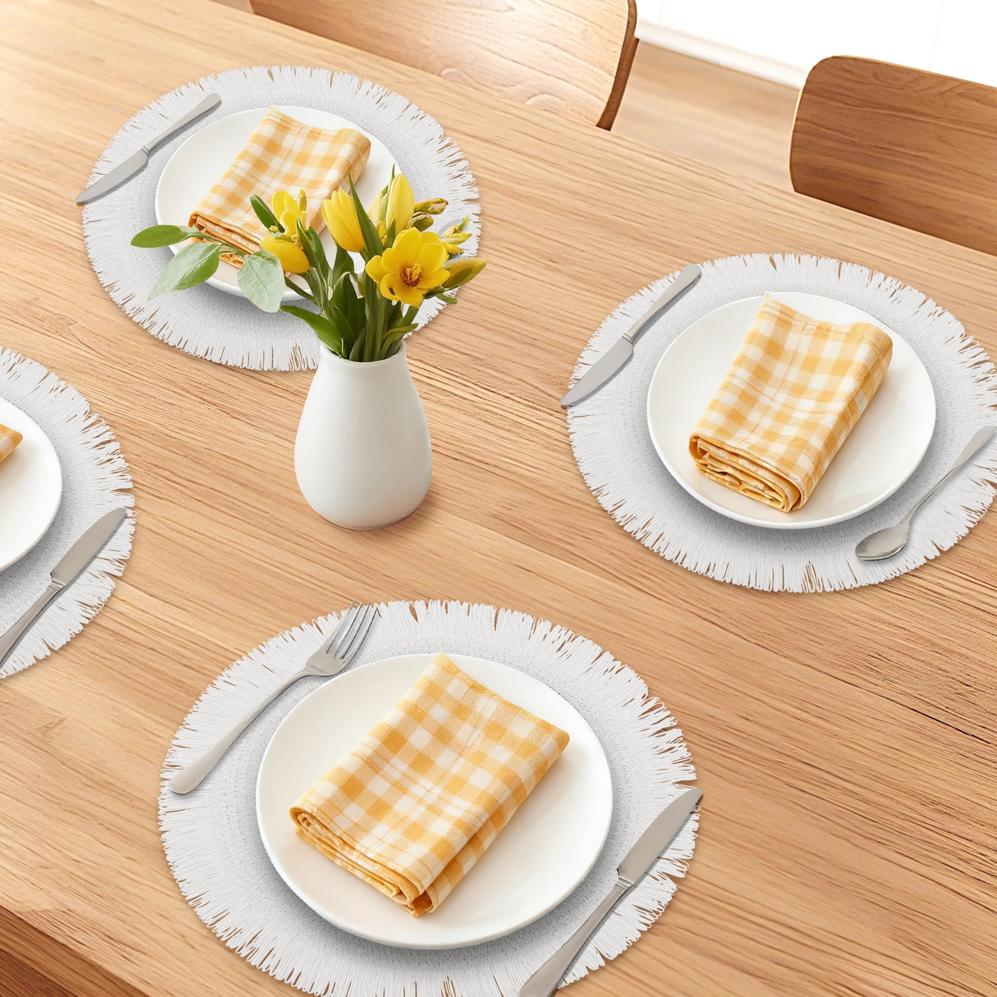 Unique Bargains Rustic Woven Round Placemats 6pcs White 15"x15"