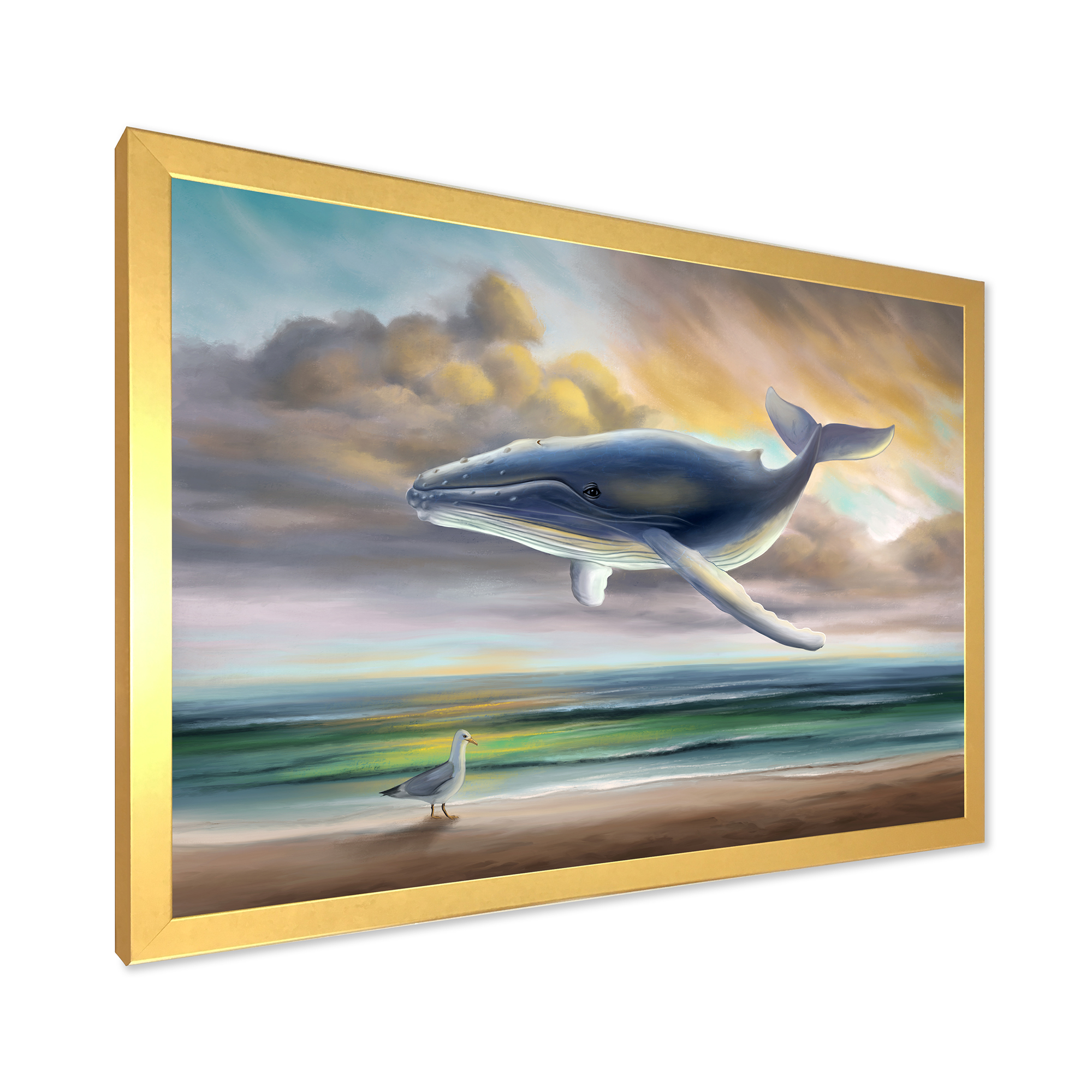Designart 'Whale Floating In The Sky Over Beach' Children's Art Framed Art Print