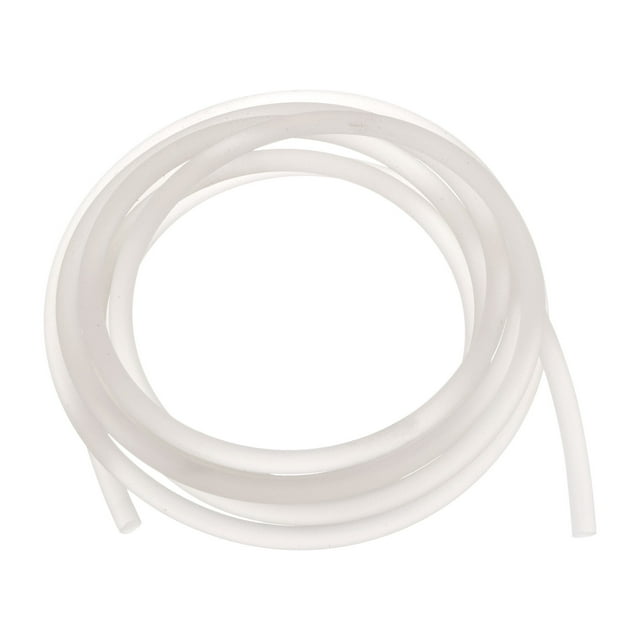 Unique Bargains Polyurethane Round Belts with an 8mm diameter and 9.84ft (3 meters) length, shown coiled in a white rough surface finish. Designed for drive transmission applications, it features high tension resistance, abrasion resistance, and chemical resistance. Suitable for use in packaging machines, printing machines, textile machines, and drive wheels. Adjustable length allows for cutting and welding to fit specific needs.