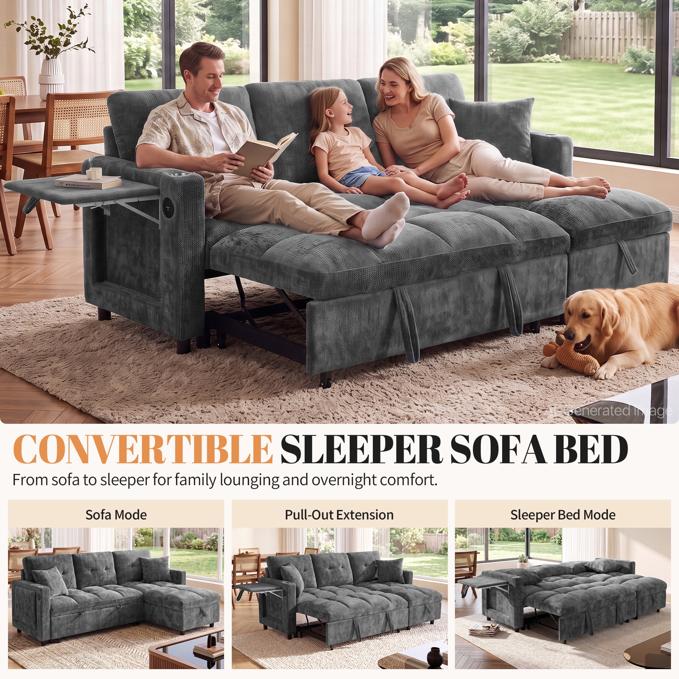 Aukfa 81" L Shape Sleeper Sectional Sofa Bed, Chenille Convertible Couch with Storage Chaise, Side Table & USB/Type-C Ports,Gray