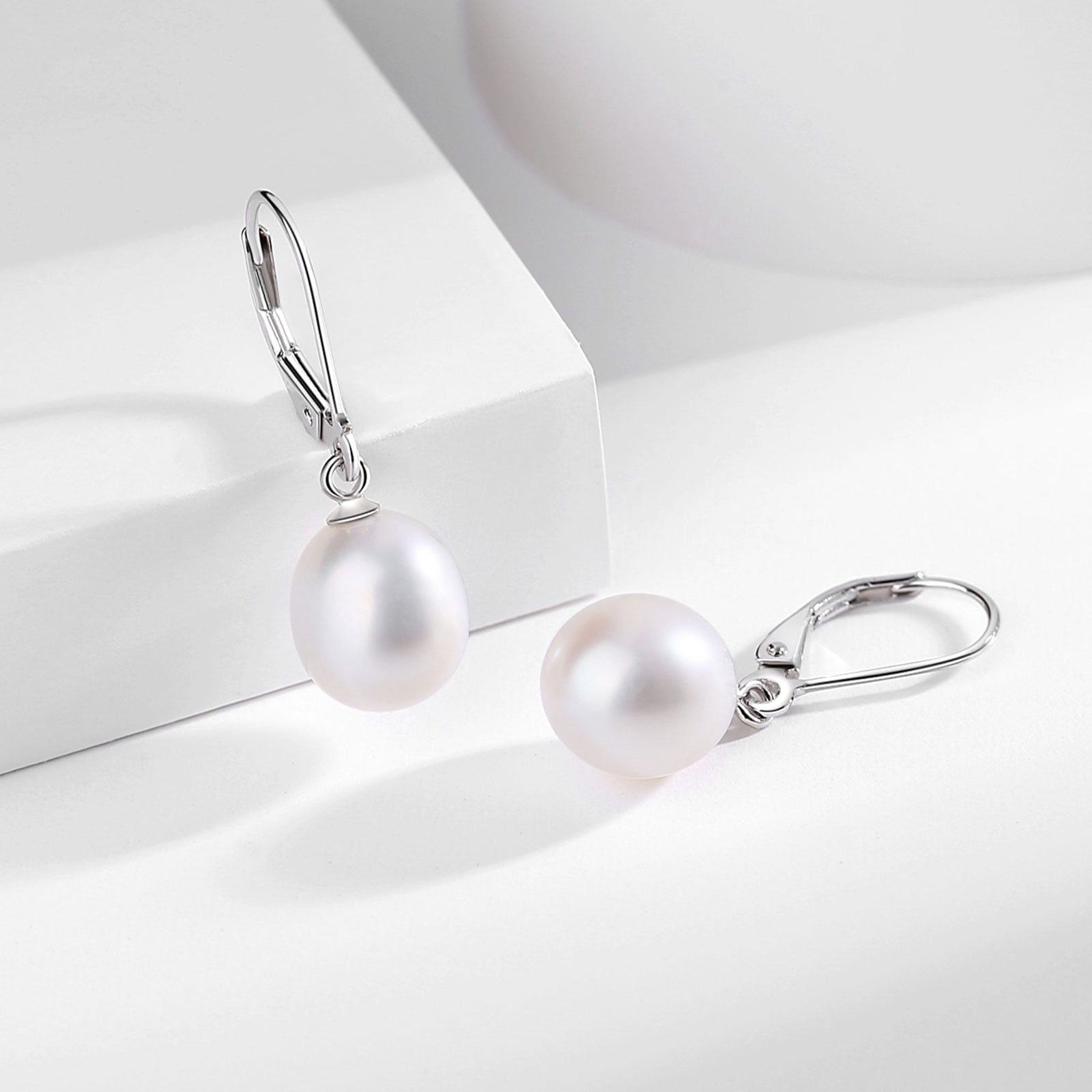 BAMIKI 9-10 mm Cultured Pearl Drop Earrings for Women, 925 Sterling Silver Leverback Dangle Earrings, Hypoallergenic Jewelry Gift