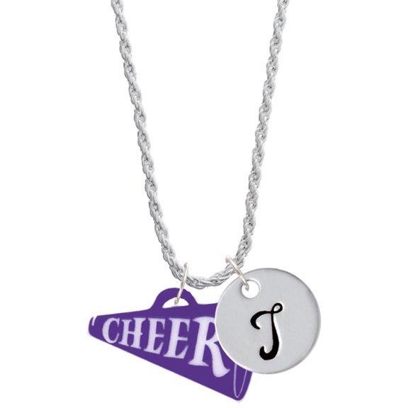Delight Jewelry Acrylic 1.25" Purple Cheer Megaphone Silvertone Script Initial Disc - T - Charm Necklace, 20" 3"