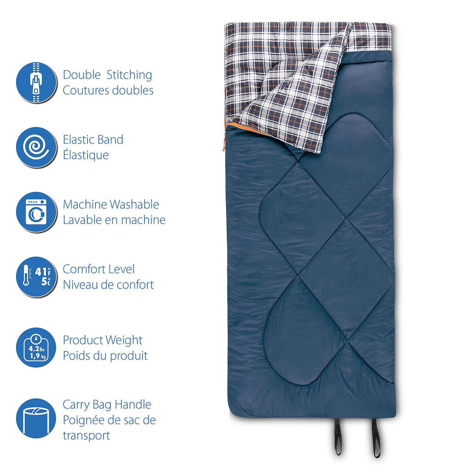 Sac de couchage Ozark Trail 5 °C, 190 cm (L) x 84 cm (l), température nominale +41 °F/+5 °C, tissu polyester, bleu Sac de couchage