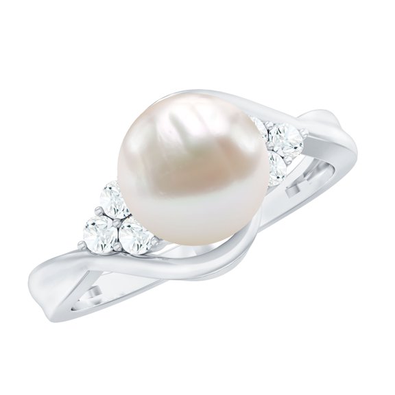 Rosec Jewels Cultured Freshwater Pearl Bypass Engagement Ring (7 Carat, AAA Grade) - Natural Pearl Diamond Ring for Women, 925 Sterling Silver, US 4.00