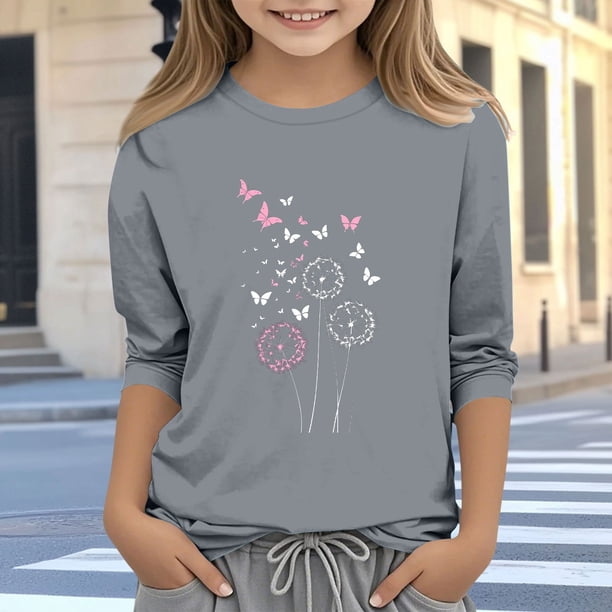 Blusas y camisas de cuello redondo y manga larga para niños, blusas/camisas de poliéster con estampado de corazones, mangas 3/4 y cuello redondo, elegantes e informales.