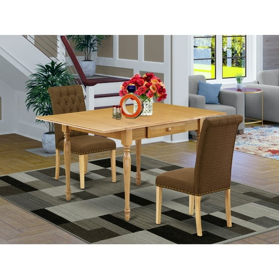 3-Piece Dining Set - Rectangle Table & 2 Parsons Chairs - Oak Finish - Dark Coffee Linen Fabric
