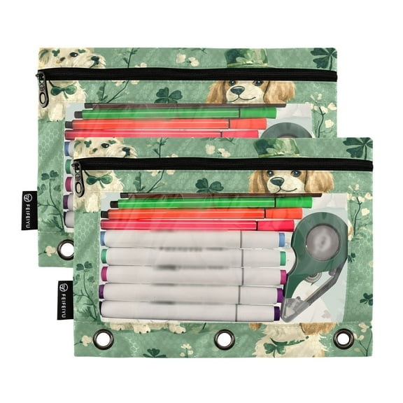 Ckdifva Cute Dogs Wear Hats Pencil Pouch 3 Ring Zipper Pencil Case Binder Pockets Clear Top Cosmetic Bag 2 Pack
